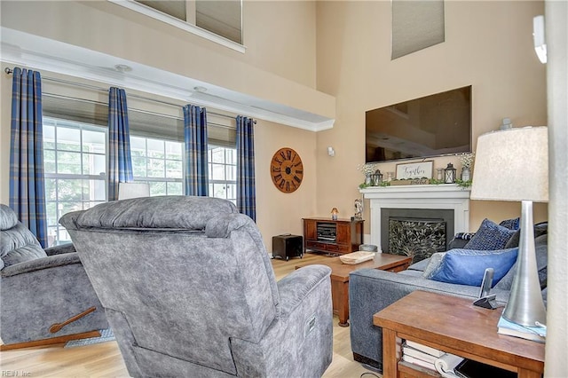 1228 Cherrytree Ln, Chesapeake, VA 23320 - living room with plenty of natural light, light wood-style flooring, a fireplace, a high ceiling, and ornamental molding