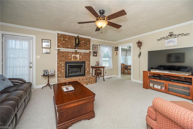 905 Lela Ln, Chesapeake, VA 23322 - living room featuring ceiling fan, carpet floors, crown molding, and plenty of natural light