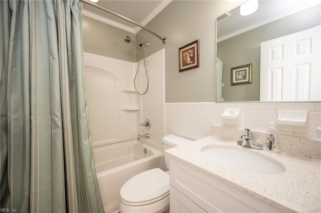 905 Lela Ln, Chesapeake, VA 23322 - bathroom with crown molding, shower / tub combo with curtain, vanity, and tile walls