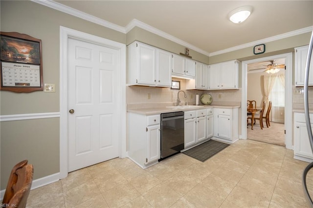 905 Lela Ln, Chesapeake, VA 23322 - kitchen featuring dishwasher, light countertops, white cabinets, decorative backsplash, and crown molding
