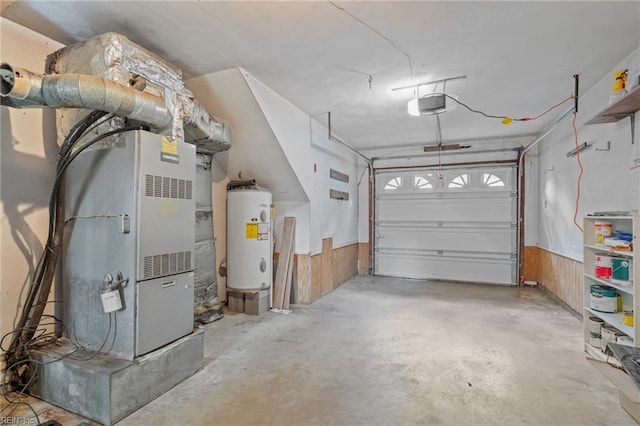 10 Kathy Dr, Poquoson, VA 23662 - garage with water heater, a garage door opener, wood walls, a wainscoted wall, and heating unit