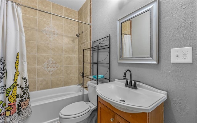 1215 W 27th St, Norfolk, VA 23508 - bathroom featuring a textured wall, vanity, shower / tub combo with curtain, and toilet