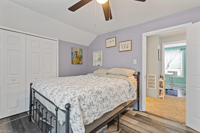 2766 Mckann Ave, Norfolk, VA 23509 - bedroom featuring a closet, lofted ceiling, dark wood-type flooring, and ceiling fan