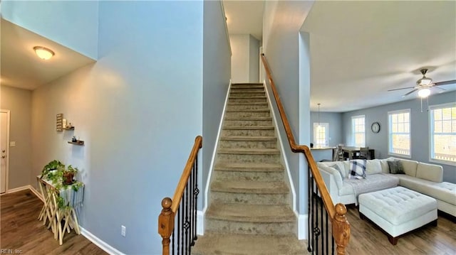 228 Bethune Dr, Williamsburg, VA 23185 - staircase featuring wood finished floors, baseboards, and ceiling fan