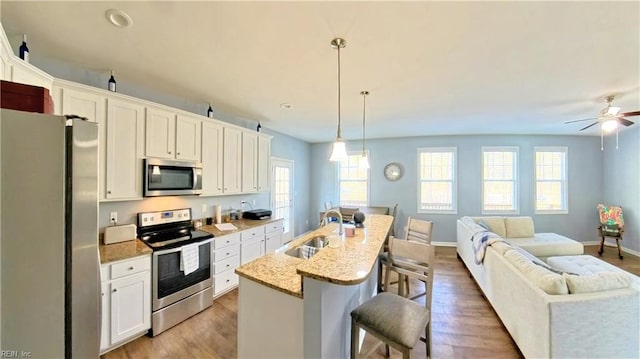 228 Bethune Dr, Williamsburg, VA 23185 - kitchen featuring stainless steel appliances, a sink, open floor plan, a breakfast bar area, and light wood finished floors