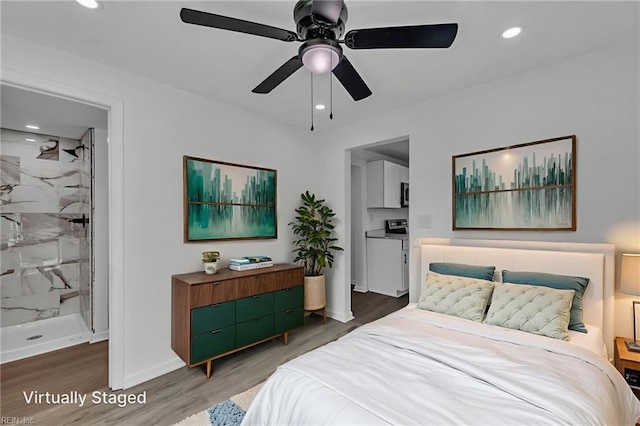 1604 Freeney Ave, Suffolk, VA 23434 - bedroom with wood finished floors, recessed lighting, baseboards, ensuite bath, and a ceiling fan