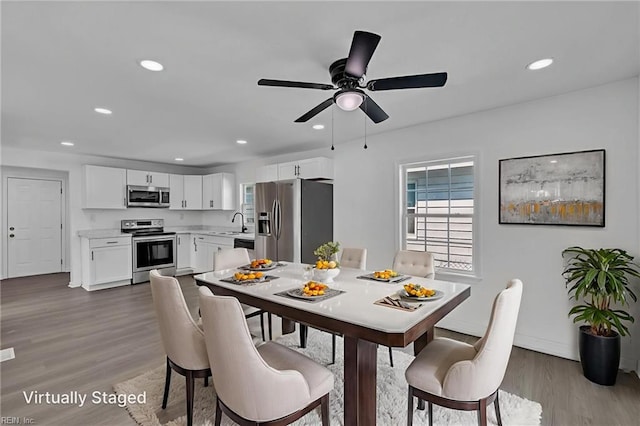 1604 Freeney Ave, Suffolk, VA 23434 - dining area with wood finished floors, recessed lighting, ceiling fan, and baseboards