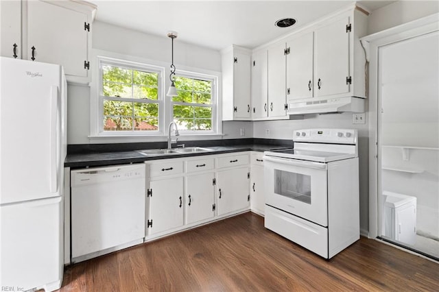 617 Redheart Dr, Hampton, VA 23666 - kitchen featuring white appliances, under cabinet range hood, dark countertops, dark wood-style flooring, and white cabinets