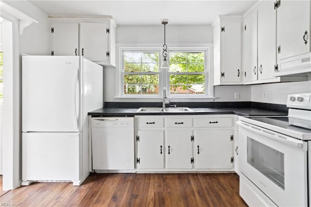 617 Redheart Dr, Hampton, VA 23666 - kitchen with white appliances, custom exhaust hood, dark countertops, and white cabinets