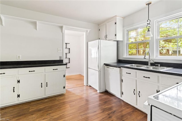 617 Redheart Dr, Hampton, VA 23666 - kitchen with white appliances, dark wood-style floors, white cabinetry, and dark countertops
