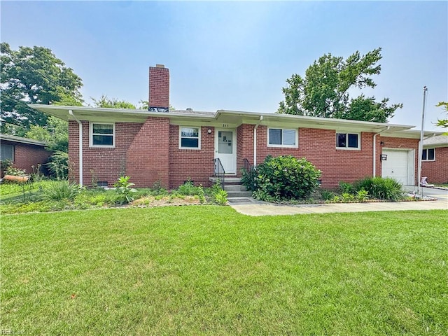 845 Hopwood Ln, Virginia Beach, VA 23455 - ranch-style home featuring entry steps, a garage, a chimney, a front lawn, and brick siding