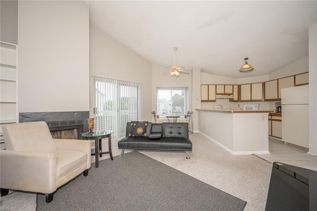 410 Babbling Brook Dr, Virginia Beach, VA 23462 - living area featuring ceiling fan, light colored carpet, baseboards, and high vaulted ceiling