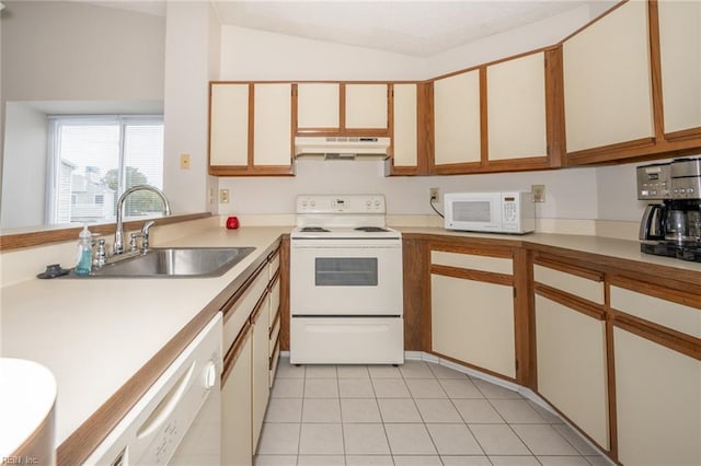 410 Babbling Brook Dr, Virginia Beach, VA 23462 - kitchen with white appliances, under cabinet range hood, a sink, light countertops, and lofted ceiling