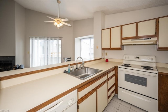 410 Babbling Brook Dr, Virginia Beach, VA 23462 - kitchen with white appliances, a sink, under cabinet range hood, ceiling fan, and light countertops