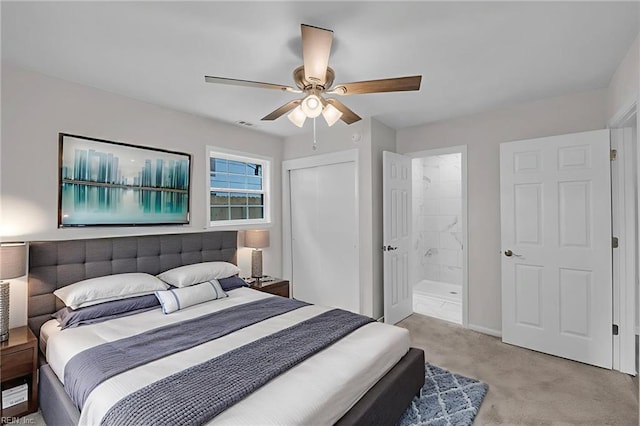608 N Pine Grove Rd, Virginia Beach, VA 23452 - bedroom featuring light colored carpet, a closet, ceiling fan, ensuite bathroom, and baseboards