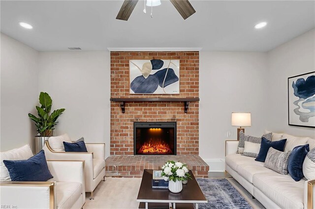 608 N Pine Grove Rd, Virginia Beach, VA 23452 - living room featuring ceiling fan, a brick fireplace, recessed lighting, and carpet flooring