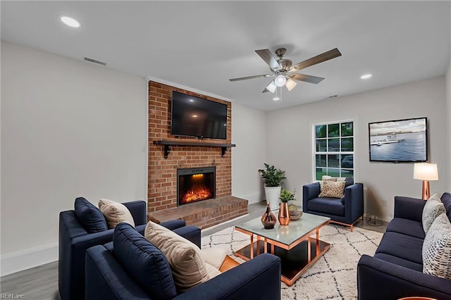608 N Pine Grove Rd, Virginia Beach, VA 23452 - living area with wood finished floors, a ceiling fan, baseboards, a brick fireplace, and recessed lighting