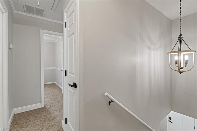 1756 Tyndall Point Rd, Gloucester Point, VA 23062 - stairway featuring carpet flooring, baseboards, attic access, and a chandelier