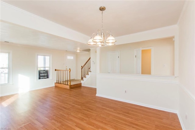 1582 Sword Dancer Dr, Virginia Beach, VA 23454 - unfurnished room featuring a chandelier, stairs, light wood-style flooring, ornamental molding, and baseboards