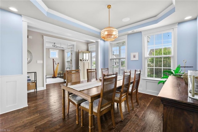 624 Mill Creek Pkwy, Chesapeake, VA 23323 - dining room featuring a tray ceiling, crown molding, dark wood finished floors, a wainscoted wall, and recessed lighting
