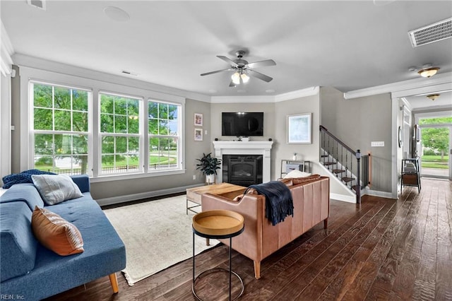 624 Mill Creek Pkwy, Chesapeake, VA 23323 - living area with dark wood finished floors, crown molding, a ceiling fan, baseboards, and a glass covered fireplace