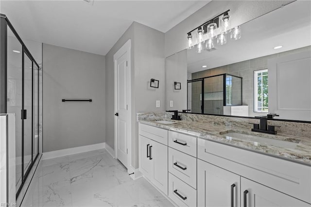 4 Roundtree Cir, Hampton, VA 23661 - bathroom featuring double vanity, a stall shower, and marble look tiles