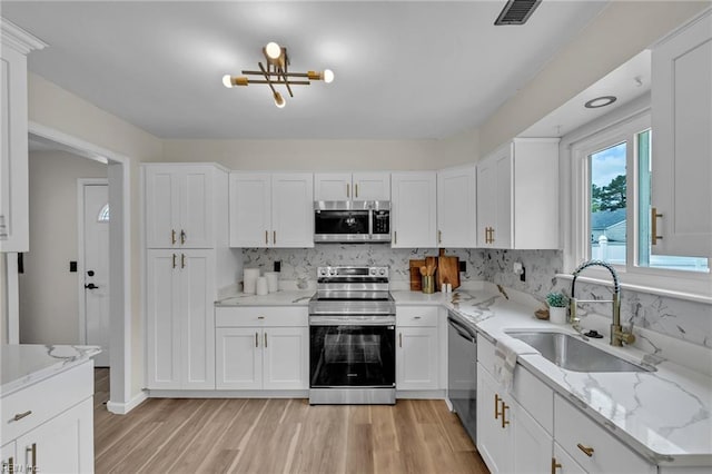 2920 Fetsch Pl, Virginia Beach, VA 23453 - kitchen with stainless steel appliances, a sink, light wood-style floors, white cabinetry, and decorative backsplash
