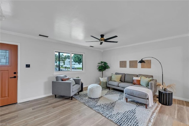 2920 Fetsch Pl, Virginia Beach, VA 23453 - living area with a ceiling fan, crown molding, baseboards, and light wood-style floors