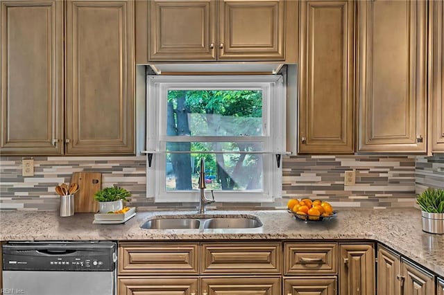 8248 Andrew Ln, Norfolk, VA 23505 - kitchen featuring dishwasher, a sink, backsplash, and light stone countertops