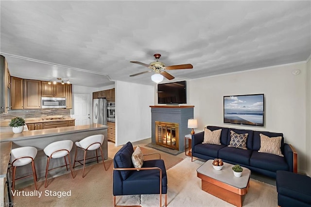 8248 Andrew Ln, Norfolk, VA 23505 - living room with ceiling fan, light colored carpet, and a brick fireplace