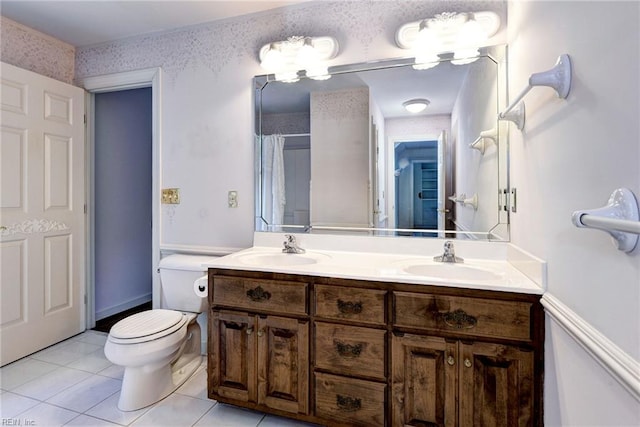 2116 Harpers Ml, Williamsburg, VA 23185 - bathroom with double vanity, toilet, tile patterned floors, and curtained shower