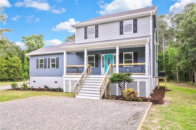 3502 Goodwin Neck Rd, Yorktown, VA 23692 - view of front of house featuring covered porch, a front lawn, central AC, and roof with shingles