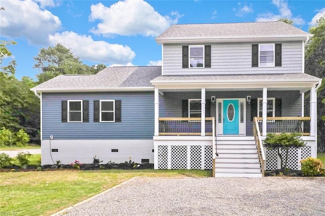 3502 Goodwin Neck Rd, Yorktown, VA 23692 - view of front of house with a porch, a front yard, roof with shingles, crawl space, and stairs