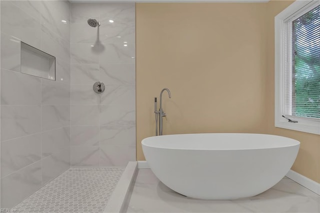 928 S Spigel Dr, Virginia Beach, VA 23454 - full bathroom featuring baseboards, marble look tile flooring, a tile shower, and a freestanding tub