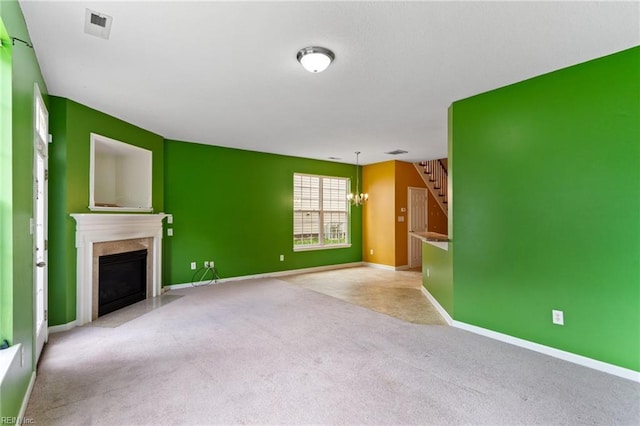 10 Musket Ln, Hampton, VA 23666 - unfurnished living room with carpet, a high end fireplace, and stairway