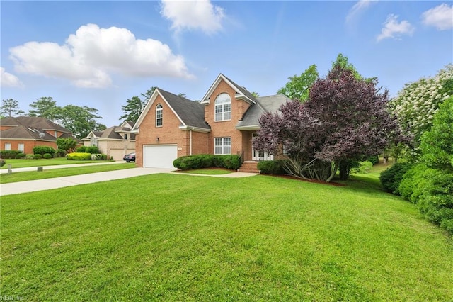 5308 Doral Woods Ct, Suffolk, VA 23435 - view of front facade featuring driveway, brick siding, an attached garage, and a front yard