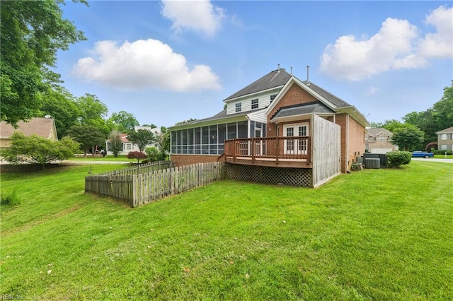 5308 Doral Woods Ct, Suffolk, VA 23435 - back of property featuring a sunroom, central AC, brick siding, and a wooden deck