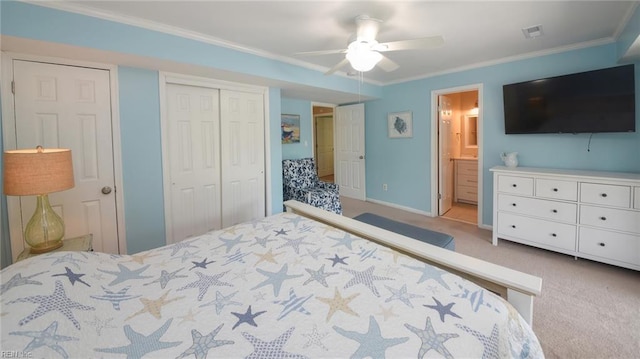 3048 Little Island Rd, Virginia Beach, VA 23456 - carpeted bedroom featuring crown molding, a closet, ceiling fan, baseboards, and ensuite bathroom