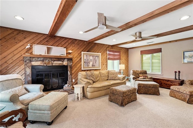 2004 Convoy Ct, Virginia Beach, VA 23454 - carpeted living room with beamed ceiling, ceiling fan, wood walls, a stone fireplace, and recessed lighting
