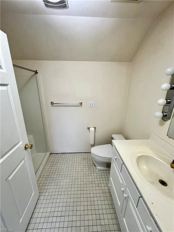 123 Orchard Cove Ln, Callao, VA 22435 - bathroom with a shower stall, vanity, toilet, tile patterned floors, and lofted ceiling