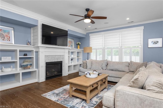2701 Ashbys Bridge Ct, Virginia Beach, VA 23456 - living room with a ceiling fan, ornamental molding, a stone fireplace, wood finished floors, and recessed lighting