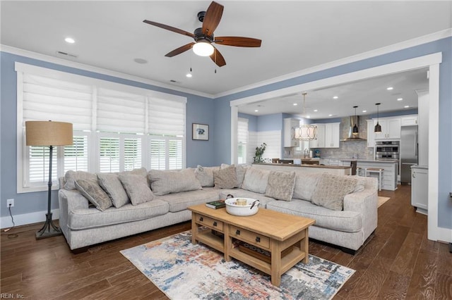 2701 Ashbys Bridge Ct, Virginia Beach, VA 23456 - living room featuring ornamental molding, ceiling fan, dark wood-style floors, baseboards, and recessed lighting