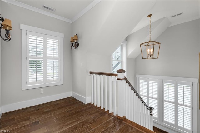 2701 Ashbys Bridge Ct, Virginia Beach, VA 23456 - stairs featuring a chandelier, wood finished floors, baseboards, crown molding, and lofted ceiling