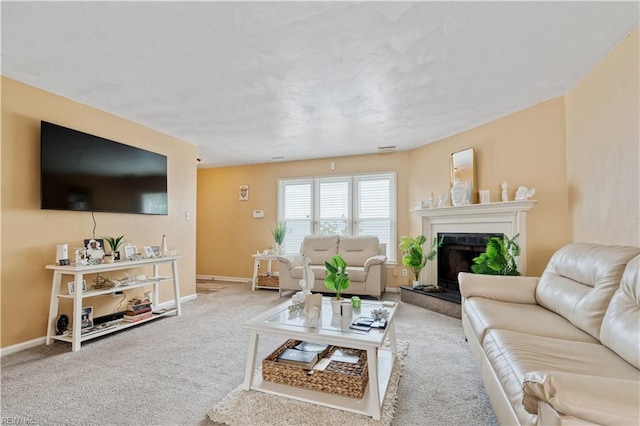 5425 Sweetwater Ct, Virginia Beach, VA 23462 - carpeted living area with baseboards and a fireplace with raised hearth