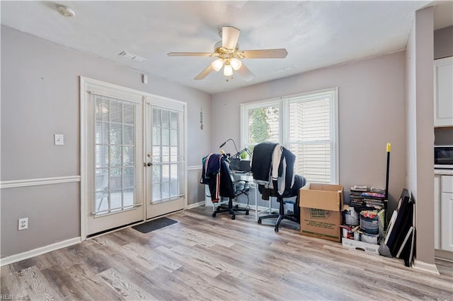 5425 Sweetwater Ct, Virginia Beach, VA 23462 - office area featuring french doors, a ceiling fan, and light wood-style floors