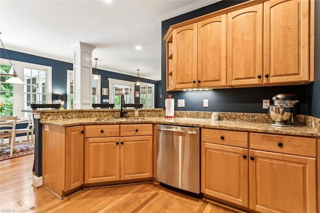 107 Gullane, Williamsburg, VA 23188 - kitchen with dishwasher, a sink, crown molding, light stone counters, and light wood-style floors