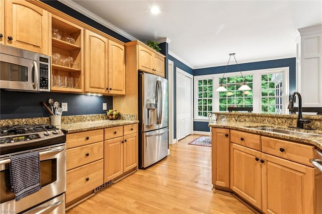 107 Gullane, Williamsburg, VA 23188 - kitchen featuring appliances with stainless steel finishes, a sink, ornamental molding, light wood finished floors, and light stone counters