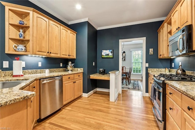 107 Gullane, Williamsburg, VA 23188 - kitchen featuring stainless steel appliances, open shelves, light wood-style flooring, light stone counters, and crown molding