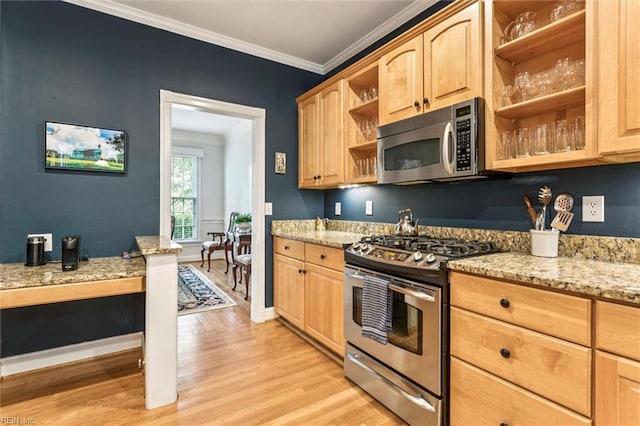 107 Gullane, Williamsburg, VA 23188 - kitchen with appliances with stainless steel finishes, open shelves, light wood-style flooring, crown molding, and light stone countertops