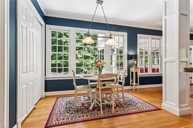 107 Gullane, Williamsburg, VA 23188 - dining space featuring ornamental molding, plenty of natural light, light wood finished floors, and baseboards